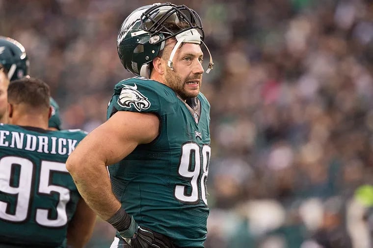 Philadelphia Eagles outside linebacker Connor Barwin (98) reacts to a Tampa Bay Buccaneers first down during the second half at Lincoln Financial Field. The Buccaneers won 45-17.