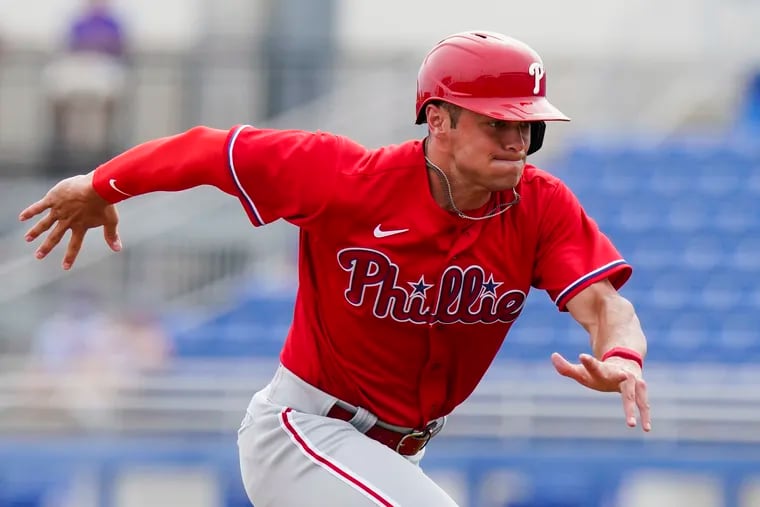 Philadelphia Phillies' Logan O'Hoppe runs to third base during the sixth inning of a spring baseball game against the Toronto Blue Jays Tuesday, March 2, 2021, in Dunedin, Fla. The Blue Jays won 4-2. (AP Photo/Frank Franklin II)
