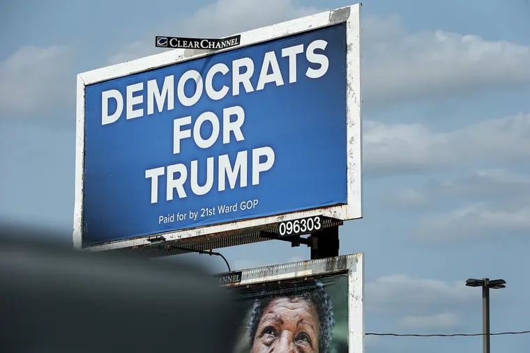 A billboard that reads "Democrats for Trump" is visible along the 5700 block of Ridge Avenue in Philadelphia, Pa. on September 16, 2020. The political disclaimer says it was paid for by the 21st Ward GOP but the ward leader there says he knows nothing about it.