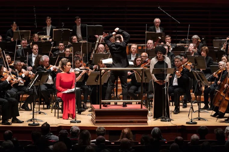 Yannick Nezet-Seguin conducts the Philadelphia Orchestra in Leonard Bernstein's "Kaddish," with soprano Nadine Sierra (seated) and narrator Charlotte Blake Alston (far right).