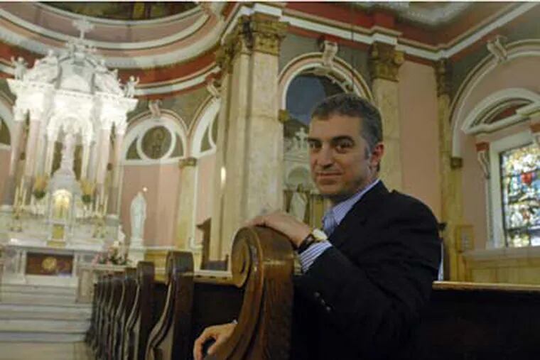 Justin Catanoso sits in St. Rita's Catholic Church where his grandparents belonged after their emigration from Italy. In 2005, Pope John Paul II declared Catanoso's uncle a saint. (Ron Tarver/Inquirer)