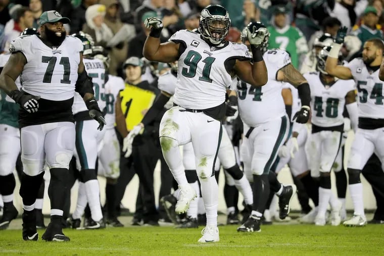 Eagles defensive tackle Fletcher Cox dances after he caused a Washington turnover in the 4th quarter. The Philadelphia Eagles win 24-0 over the Washington Redskins at FedExField in Landover, MD on December 30, 2018.