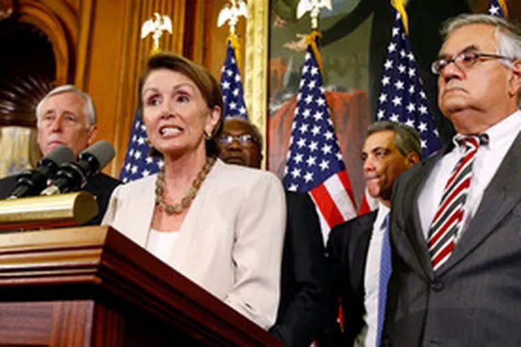 House Speaker Nancy Pelosi speaks to reporters about the status of the rescue plan, which failed, 228-205. With her (from left) are Majority Leader Steny H. Hoyer, Majority Whip James Clyburn, Rep. Rahm Emanuel, and Rep. Barney Frank. By the end of the trading day, the Dow Jones industrials had fallen 777 points.