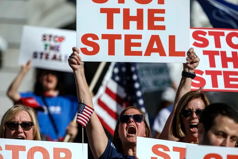 A rally to "Stop the Steal" rally held at the Pennsylvania state Capitol in Harrisburg in 2020.