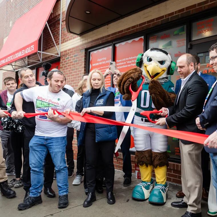 Eagles mascot Swoop was on hand to help cut the ribbon on a new popcorn production facility at Ninth and South Streets in Philadelphia, Pa., on Wednesday, Feb. 28, 2024. The Eagles Autism Foundation partnered with Wawa, nonprofit Popcorn for the People, and the Nouryon company to create new jobs for the neurodiverse community.
