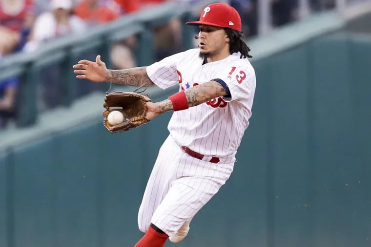 Freddy Galvis started in center field for the first time in his career in the second game of Wednesday’s doubleheader against Atlanta. YONG KIM / Staff Photographer.