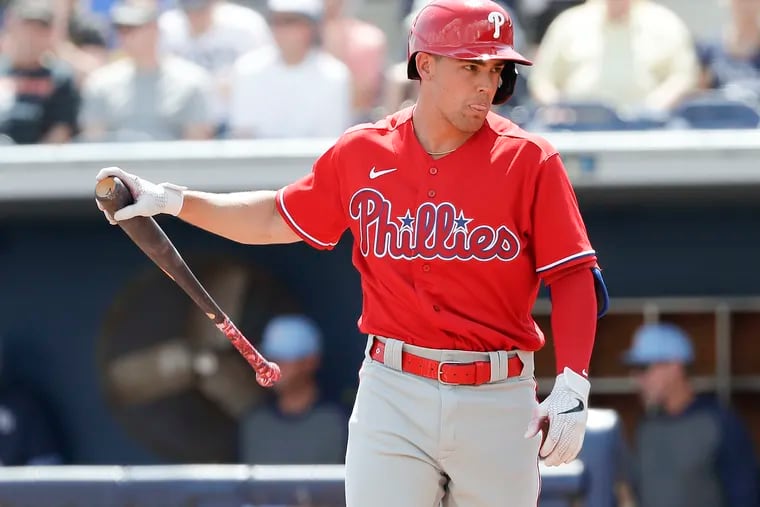 Phillies Scott Kingery after batting against the Tampa Bay Rays in a spring training game at the Charlotte Sports Park in Port Charlotte, Florida on Thursday, March 12, 2020.