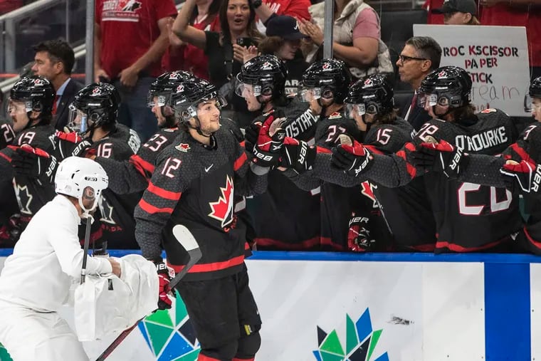Tyson Foerster scored Team Canada's first goal on Wednesday against Switzerland in the quarterfinals. Canada won 6-3 and will play Czechia in the semis.