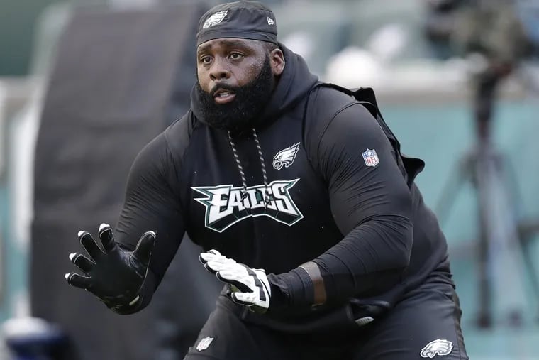 Eagles offensive tackle Jason Peters warms-ups before the Eagles played a preseason game against the New York Jets on Thursday, August 30, 2018. YONG KIM / Staff Photographer