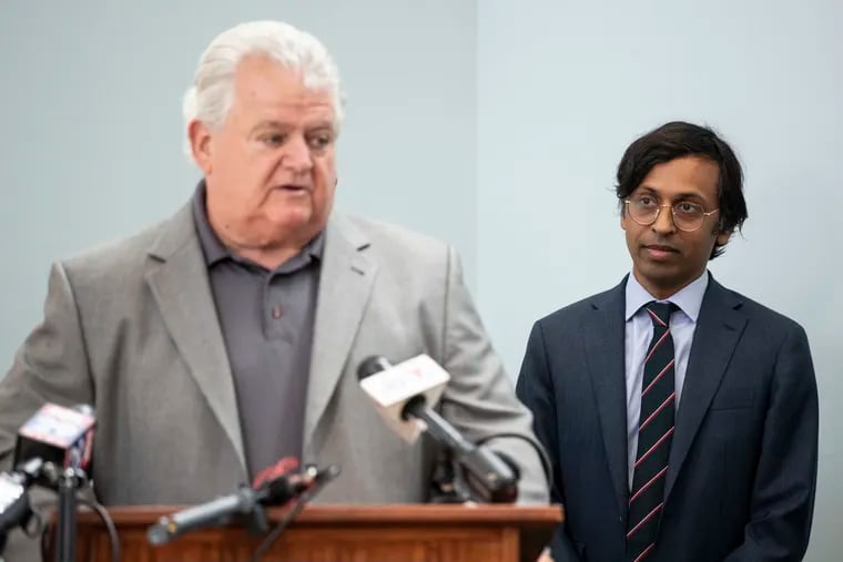 State Sen. Nikil Saval listens as Bob Brady, chairman of the Philadelphia Democratic Party, speaks during a news conference to denounce the Republican candidates for Senate and show support for Democratic nominee John Fetterman.