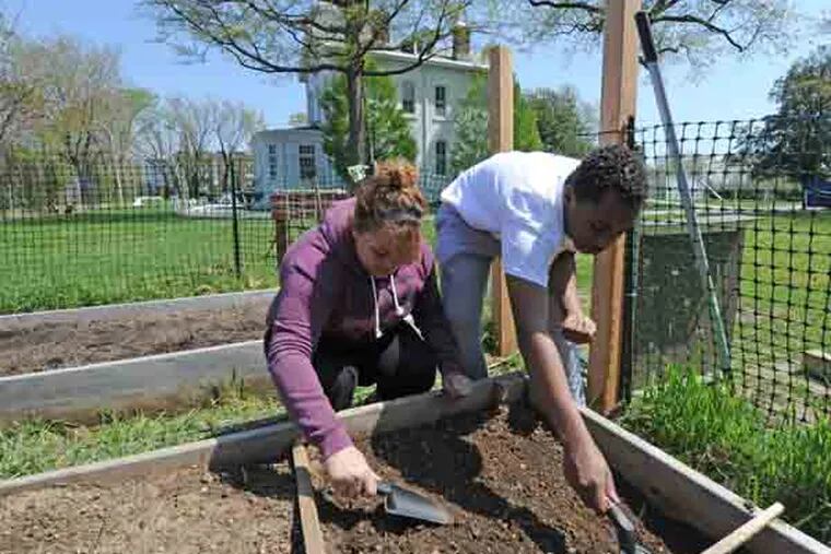 The Sustainability Workshop School at the Navy Yard on 4/24/2013.  Here, Anissa Rementer, 18; and Matthew Williams, 17; plant vegetables in the school's backyard.  ( APRIL SAUL / Staff )