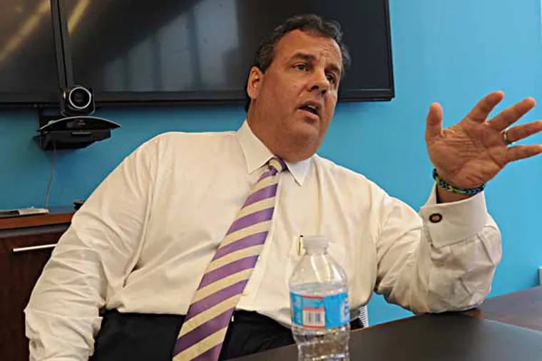 NJ Gov. Chris Christie in the Inquirer office on Oct. 11, 2013.  ( APRIL SAUL / Staff )