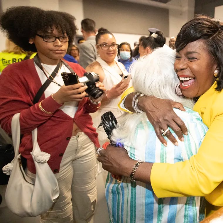 Mayor Cherelle Parker held a town hall meeting in Kensington on May, 7, 2024, the day before the city is scheduled to clear an encampment along Kensington Avenue. Parker is greeted by audience members afterwards.