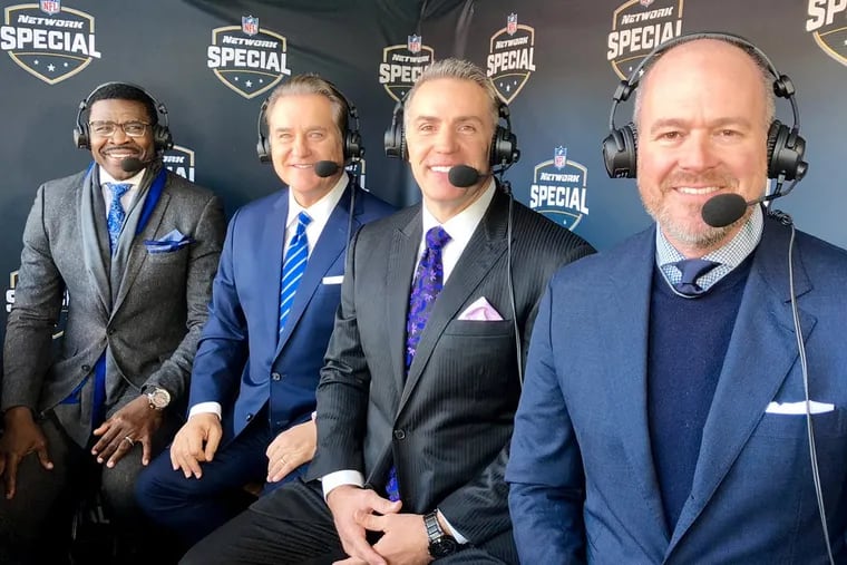 (From left) Michael Irvin, Steve Mariucci Kurt Warner and Rich Eisen did a solid job calling the Eagles 24018 win over the Jaguars in London on Sunday. But they did have some local critics.