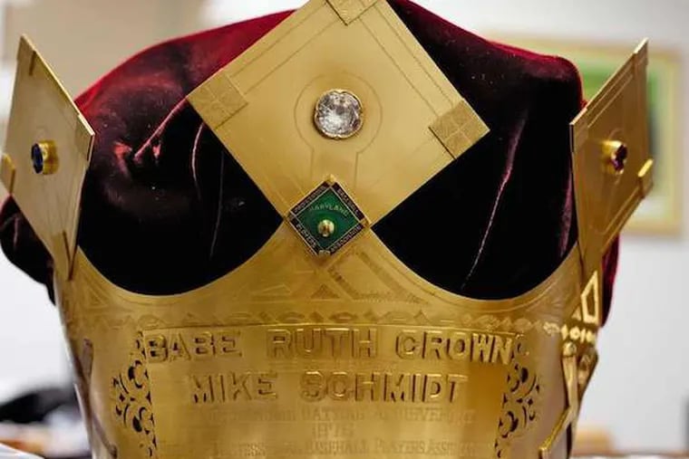 Mike Schmidt’s 1976 Babe Ruth “Sultan of Swat Award” Crown, which was presented to and personally owned by Mike Schmidt for leading MLB in home runs that season.  (David M Warren/Staff Photographer)