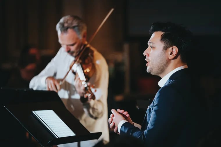 Tenor Nicholas Phan performing Wednesday in a salon concert at the Stotesbury Mansion with violinist Colin Jacobsen of Brooklyn Rider, part of the PCMS "Emerging Voices" series.