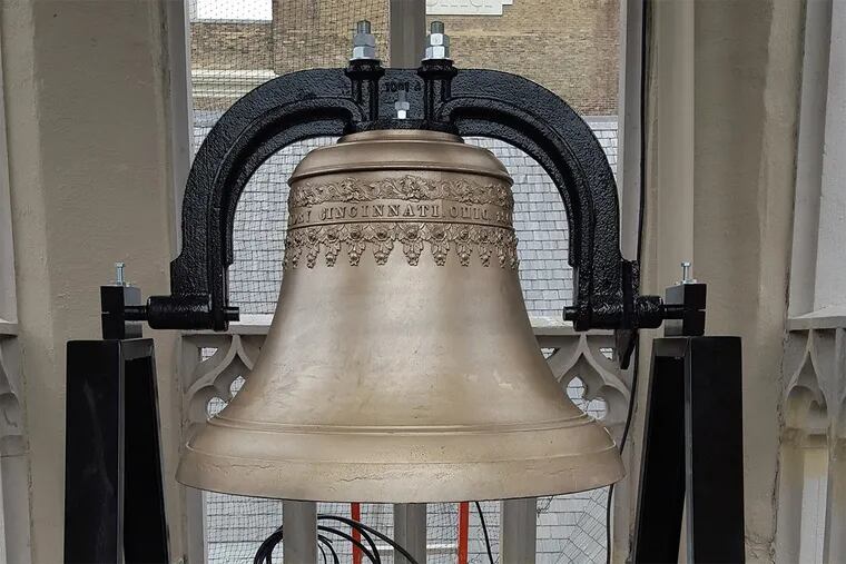 The 1,000-pound vintage bell, meant as a tribute to Temple President Neil D. Theobald's parents, is installed atop Shusterman Hall.