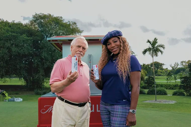 A scene from Michelob Ultra 2023 Super Bowl NFL football spot featuring Serena Williams (right) and Brian Cox.