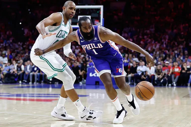 Sixers guard James Harden and Celtics center Al Horford during Game 6 of the Eastern Conference semifinals on May 11.
