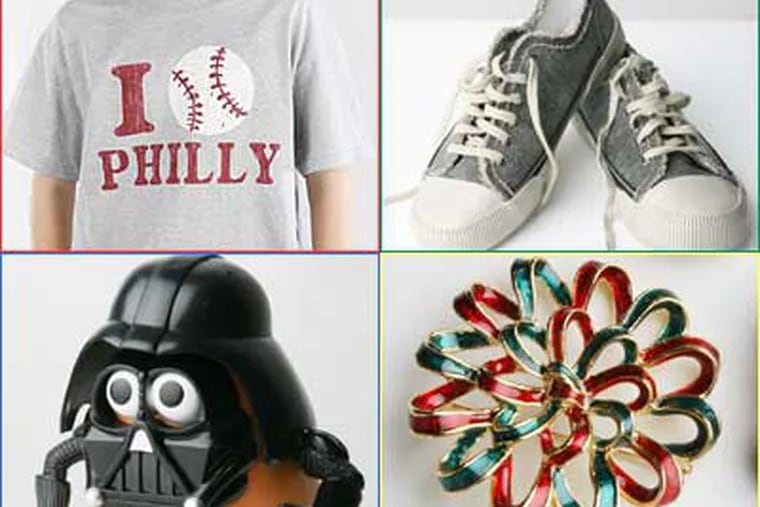 Top l. to r.: Philly T-shirt / Independence Visitor Center; Rocket Dog canvas sneaks / Daffy's; Darth Tater / Urban Outfitters; and, brooch / Macy's.  (Jessica Griffin / Staff Photographer)