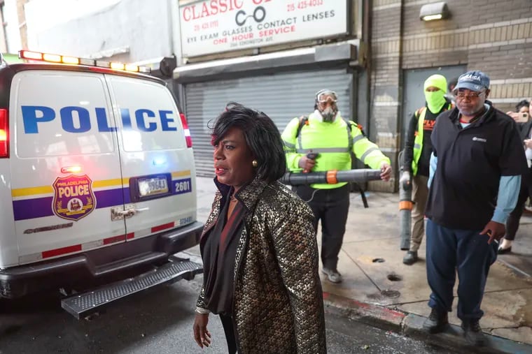 Philadelphia Mayor Cherelle L. Parker exits SEPTA's Allegheny Station before walking along Kensington Avenue on Thursday, April 11, 2024. Parker took the El to attend an event marking her 100th day in office in the Kensington neighborhood in Philadelphia.