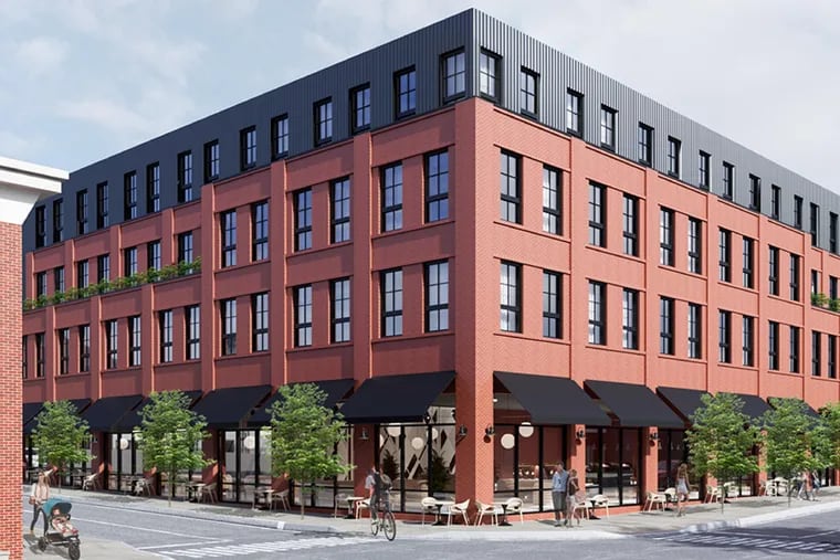 Artist's rendering of apartment building planned at 2601 Poplar St. with "opportunity-zone" funding, as seen from corner of Poplar and Taney Streets.