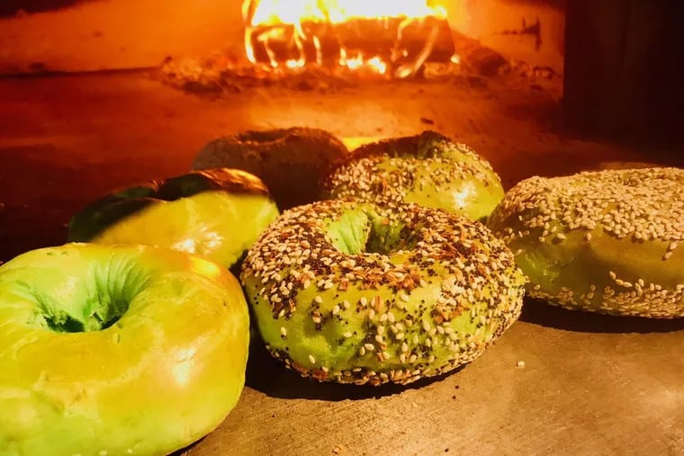 Green bagels in the oven at Spread Bagelry.