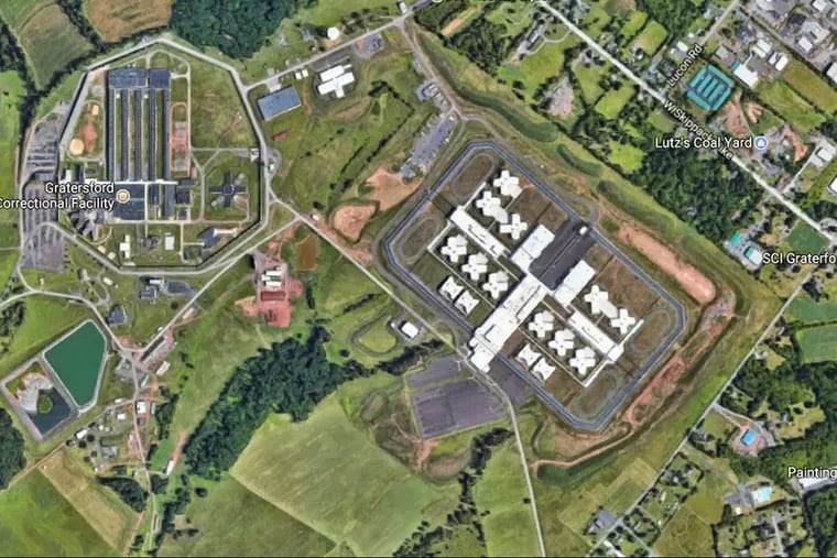 Google Maps satellite shot of the SCI Phoenix prison under construction, next to the existing Graterford prison. The bright white complex with a central building shaped like a field goal and several X-shaped cells around it is the new Phoenix prison.