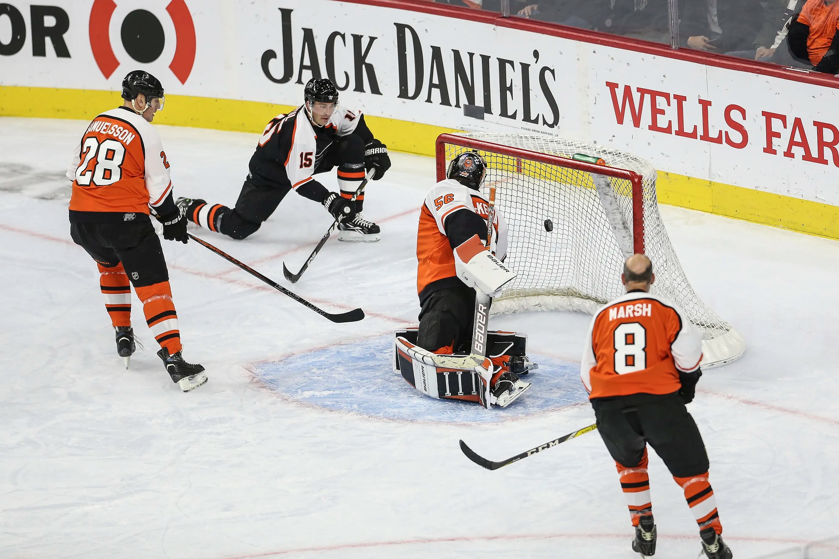 Flyers Alumni Orange and Black game, Team Holmgrens Joffrey Lupul scores on Team Tocchets goalie Mike McKenna during the first period at the Wells Fargo Center in Philadelphia, Monday, November 15 2021.