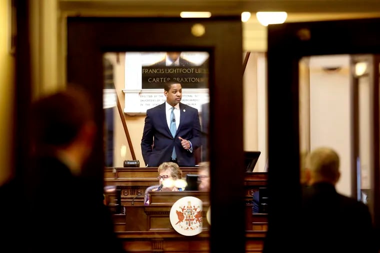 Lt. Gov. Justin Fairfax presides over the state Senate in Richmond, Va., on Thursday, Feb. 7, 2019. California college professor Vanessa Tyson has made an allegation of sexual assault against Fairfax. He has denied the allegations, casting them as a political smear. (Steve Earley/The Virginian-Pilot via AP)