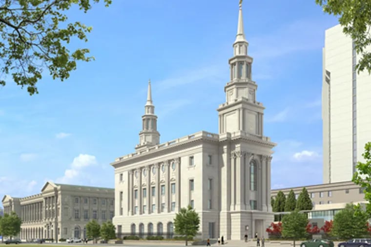 A rendering of the Mormon temple to be built at 18th and Vine Streets. Nearly 200 feet high, the building will have 60,000 square feet of space.