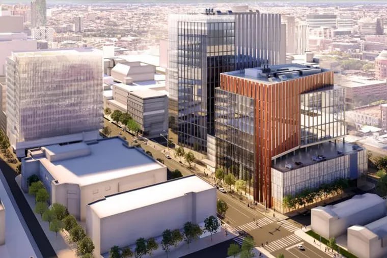 A rendering, viewed from the northwest, of the Wexford development proposed for Market Street between 38th and 39th Streets in University City.