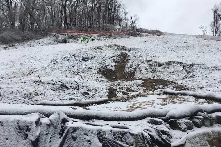 A photo taken during a Department of Environmental Protection inspection of Energy Transfer's Revolution pipeline on Jan. 24 showed continued erosion and unstable ground five months after a pipeline explosion in Center Township, Beaver County. (Pennsylvania Department of Environmental Protection)