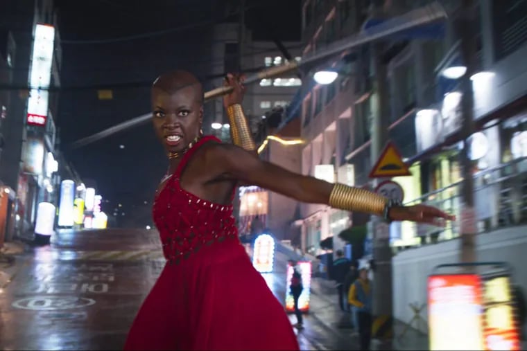 This image released by Disney shows Danai Gurira in a scene from Marvel Studios’ “Black Panther.”