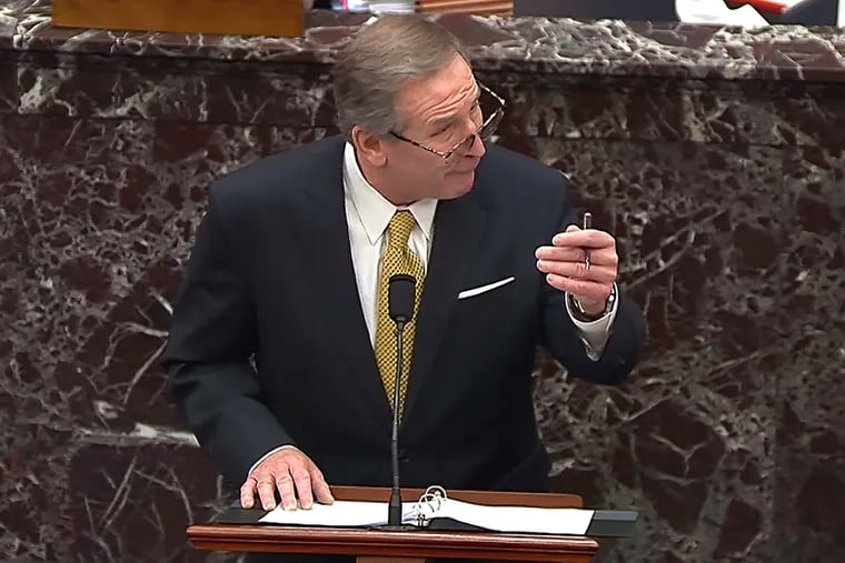 In this image from video, Michael van der Veen, an attorney for former President Donald Trump, speaks during the second impeachment trial of Trump in the Senate at the U.S. Capitol in Washington on Friday.