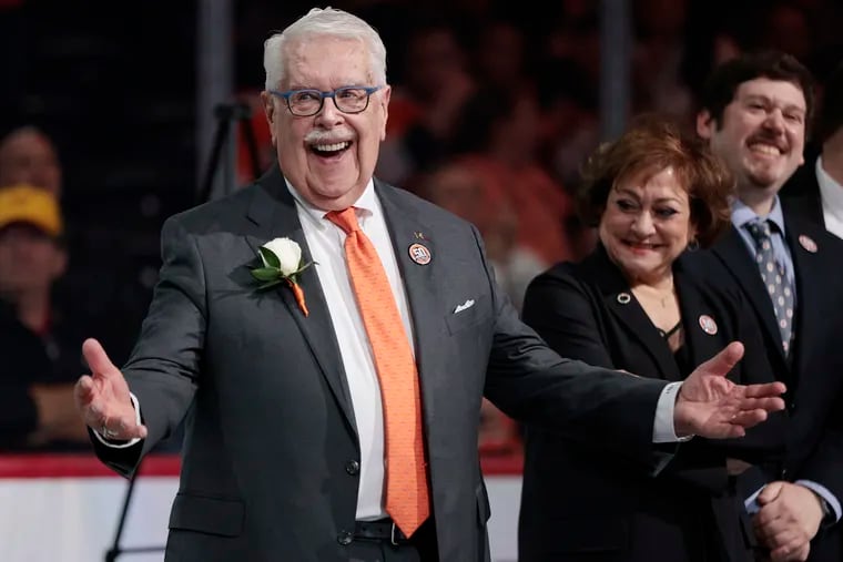 Flyers announcer Lou Nolan is honored for his 50 years of service to the team prior to the Anaheim Ducks vs Philadelphia Flyers NHL game at the Wells Fargo Center in Phila., Pa. on April 9, 2022.