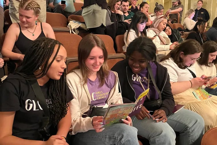 Lindsey Catlett, Sophia St. John, and Kennedy Dancy of the Alice Paul Institute's Girls Leadership Council at the April 25 performance of "Suffs" at the Music Box Theatre in New York City.
