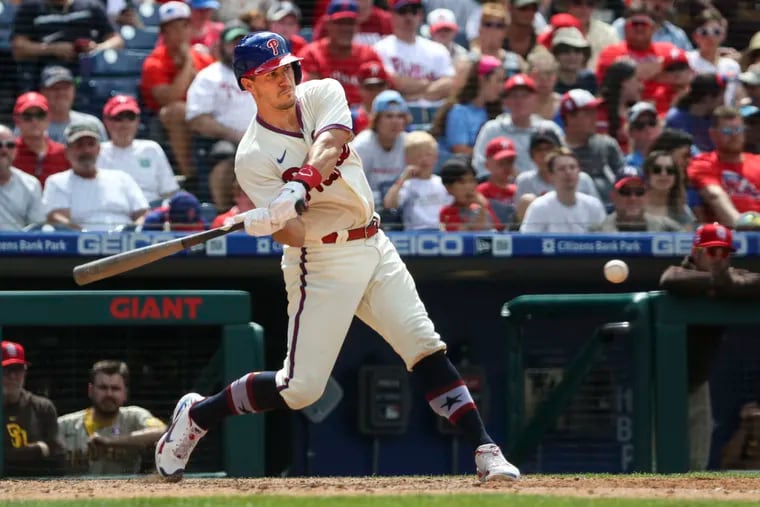 Phillies catcher J.T. Realmuto  hits a home run against the San Diego Padres on July 4.