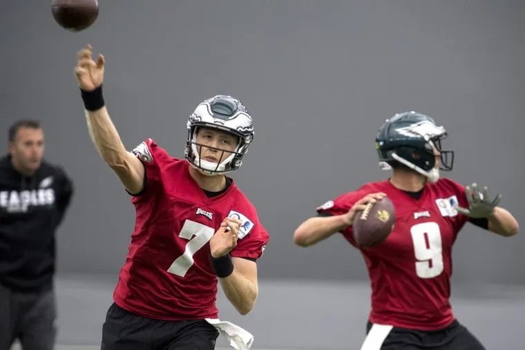Eagles backup quarterback Nate Sudfeld making a throw as the team during a December practice.