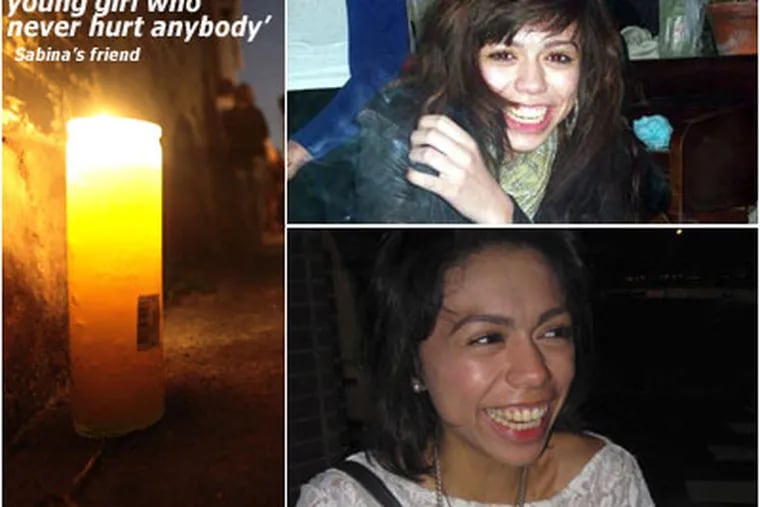 Investigators are searching for the killer of Sabina O’Donnell, right, whose beaten and strangled body was found in a vacant lot.  A candle glows at a memorial vigil held last night.