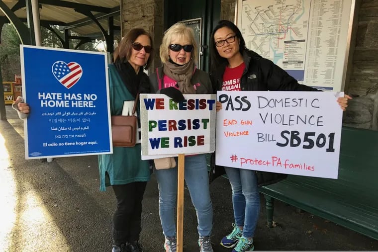 Maryann Levins, center, travelled to Philadelphia from Shamokin, Pa. to attend the Women’s March with her sister, Susan Kanoff, who is pictured on the left. Tiffany Kim, pictured on the right is also from Philadelphia.