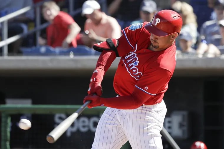 Dylan Cozens, pictured in spring training, homered twice in triple A Lehigh Valley’s 9-5 win over Richmond Friday night.