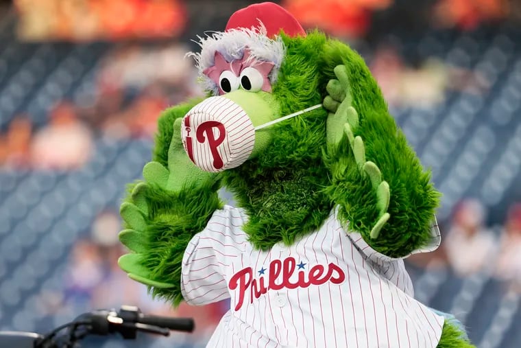 The Phillie Phanatic entertains folks before the Miami Marlins at Philadelphia Phillies game at Citizens Bank Park on May 19, 2021.
