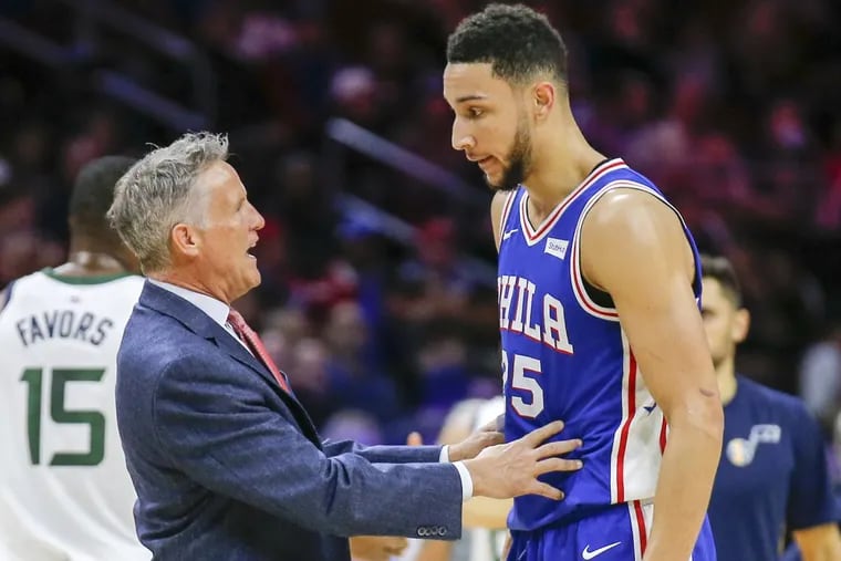 Sixers coach Brett Brown with guard Ben Simmons against the Utah Jazz on Monday, November 20, 2017 in Philadelphia.
