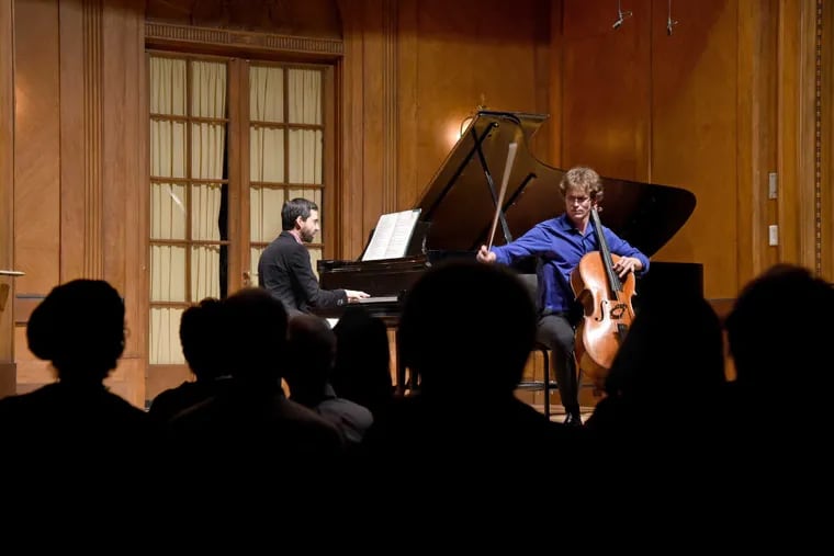 Curtis Institute of Music cellist Zach Mowitz performs onstage at his recital in Field Hall March 27, 2017. His accompanist is Yoni Levyatov.