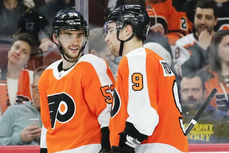 Defensemen Shayne Gostisbehere (left) and Ivan Provorov, two of the league’s top young defensemen, will try to help the Flyers upset the Penguins in a first-round playoff series that starts Wednesday in Pittsburgh.
