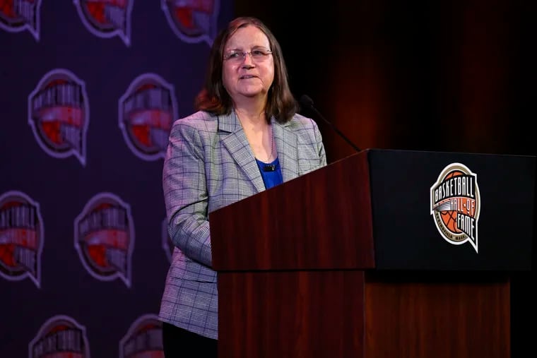 Basketball Hall of Fame Class of 2022 inductee Marianne Stanley speaks at a news conference on Friday ahead of her enshrinement in the Hall of Fame.