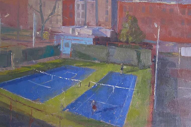 "Seder Park Tennis Courts" by Charles Newman, on display in the Philadelphia Sketch Club's 151st exhibition of small oil paintings.