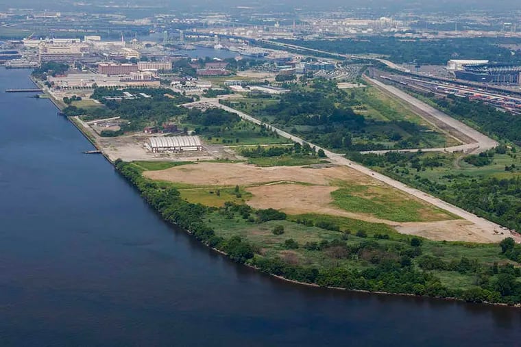 Aerial photo of a portion of the Southport area of the Navy Yard. Final proposals to develop as much as 195 acres of land at the eastern end will be accepted from six groups.