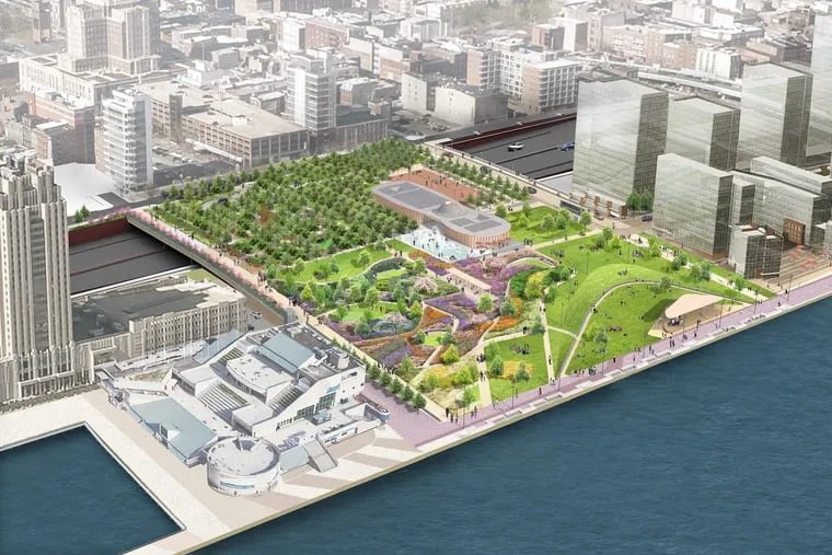 Aerial rendering of a new 11.5-acre park in Philadelphia that will span I-95 and Columbus Boulevard between Chestnut and Walnut Streets, extending from Front Street to the Delaware River.